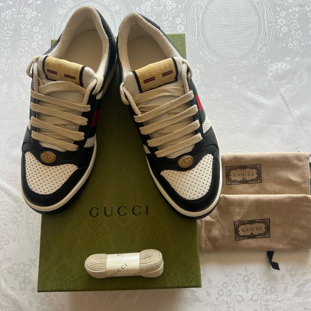 Gucci Men Screeners Leather Black and White Trainers  NWB Size 5 (Women’s 8.5)